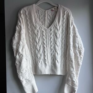 Pink Rose Cream V-Neck Cable Knit Sweater